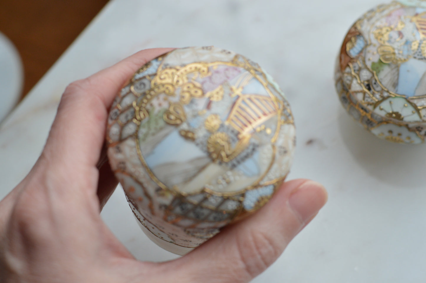 Antique Hand Painted Nippon Porcelain Lidded Set, Moriage & Gold Gilt Floral Trinket Box and Jar, 1891-1921 Japanese Estate Porcelain