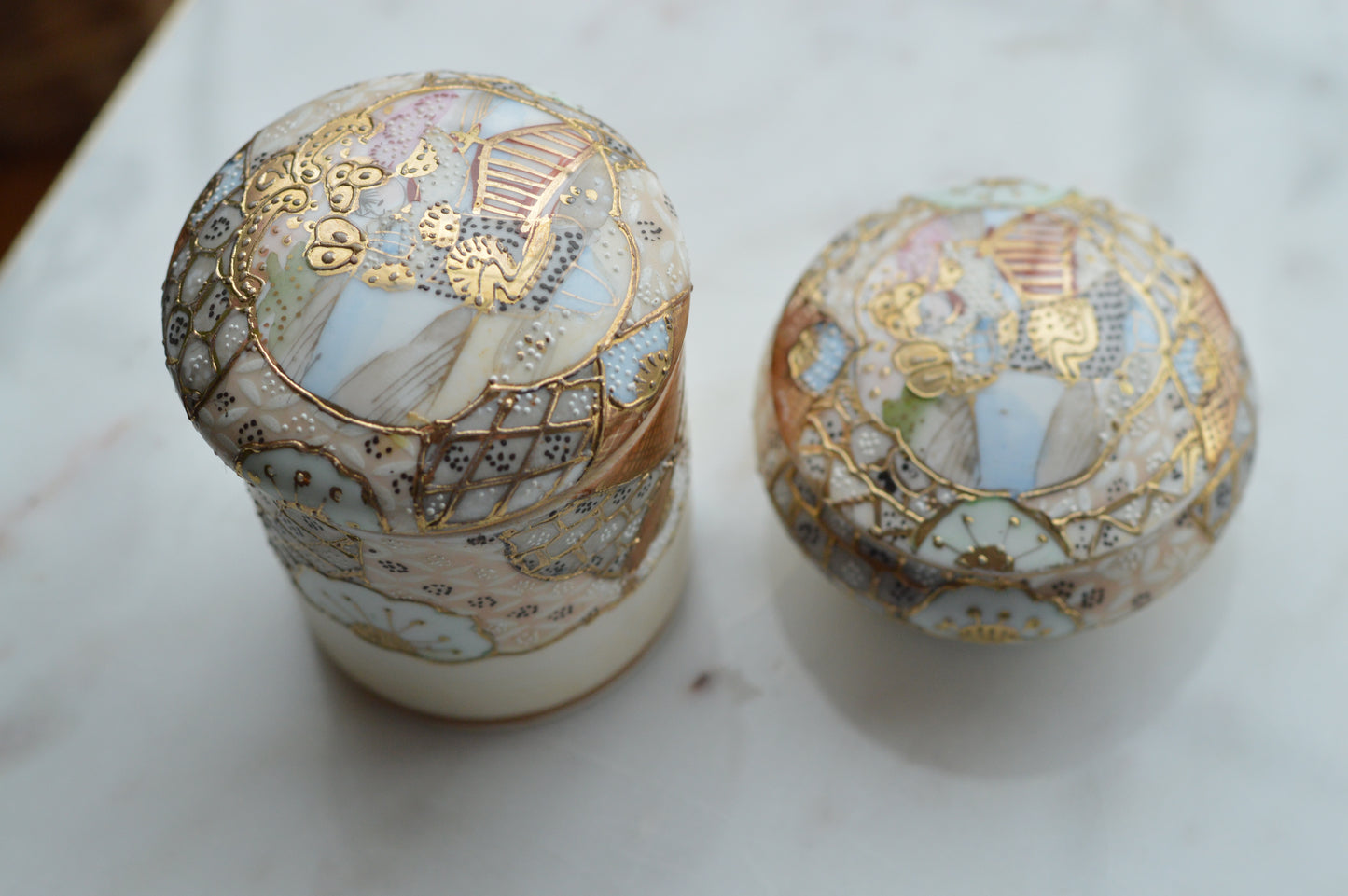 Antique Hand Painted Nippon Porcelain Lidded Set, Moriage & Gold Gilt Floral Trinket Box and Jar, 1891-1921 Japanese Estate Porcelain