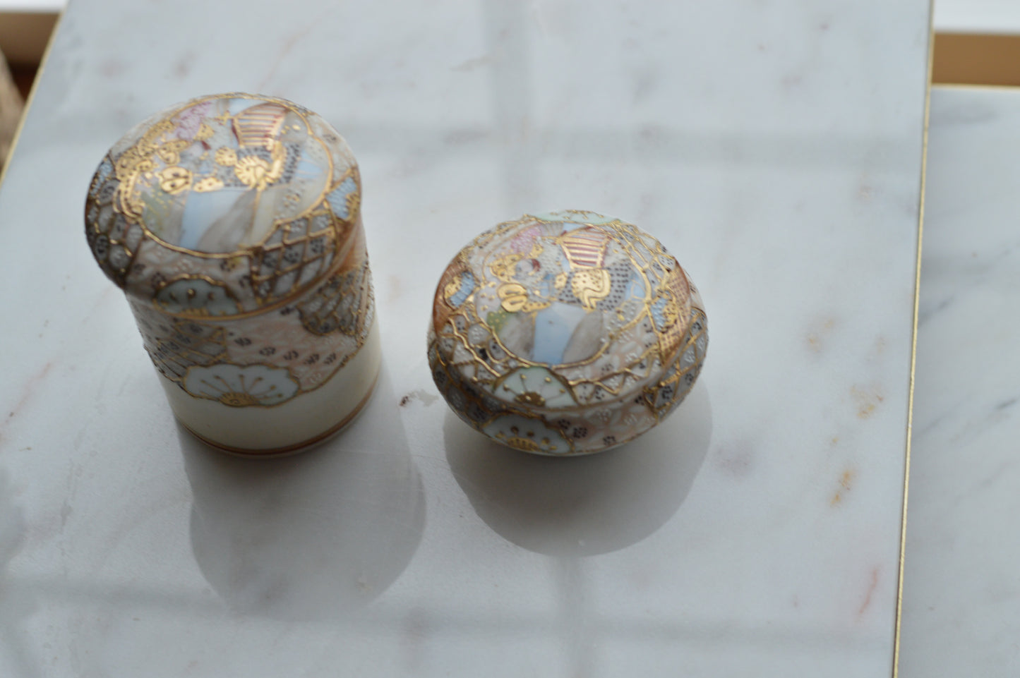 Antique Hand Painted Nippon Porcelain Lidded Set, Moriage & Gold Gilt Floral Trinket Box and Jar, 1891-1921 Japanese Estate Porcelain