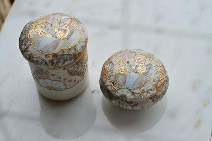Antique Hand Painted Nippon Porcelain Lidded Set, Moriage & Gold Gilt Floral Trinket Box and Jar, 1891-1921 Japanese Estate Porcelain