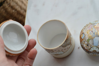 Antique Hand Painted Nippon Porcelain Lidded Set, Moriage & Gold Gilt Floral Trinket Box and Jar, 1891-1921 Japanese Estate Porcelain
