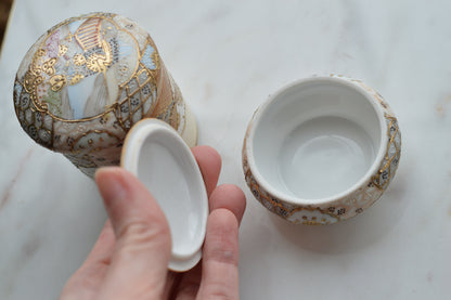 Antique Hand Painted Nippon Porcelain Lidded Set, Moriage & Gold Gilt Floral Trinket Box and Jar, 1891-1921 Japanese Estate Porcelain