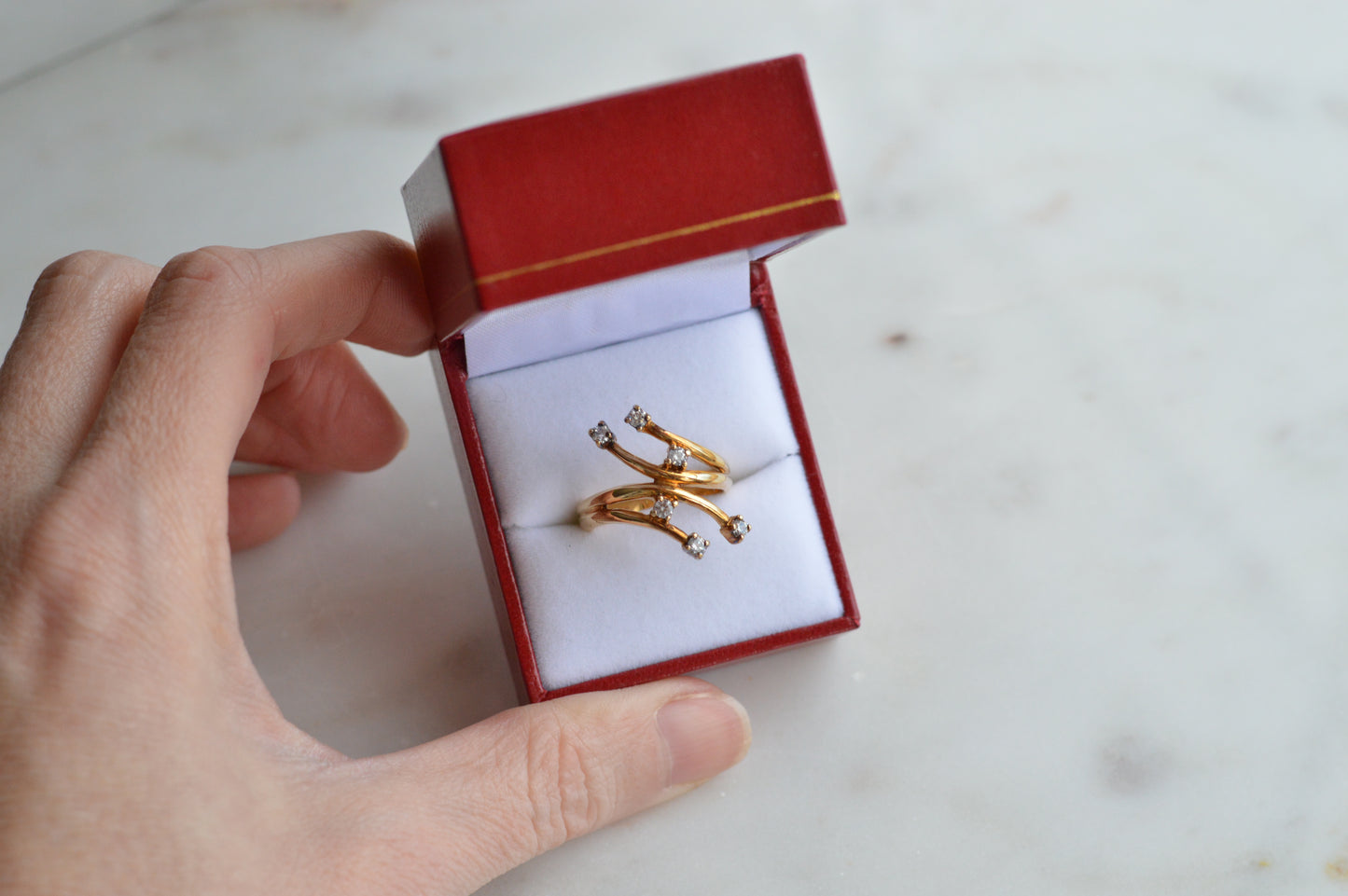 Signed AD 925 Sterling Silver Gold Vermeil Bypass Ring, Multi-Stone "Shooting Star" Spray Ring, Aurora Designer Statement Jewelry Size 7.5