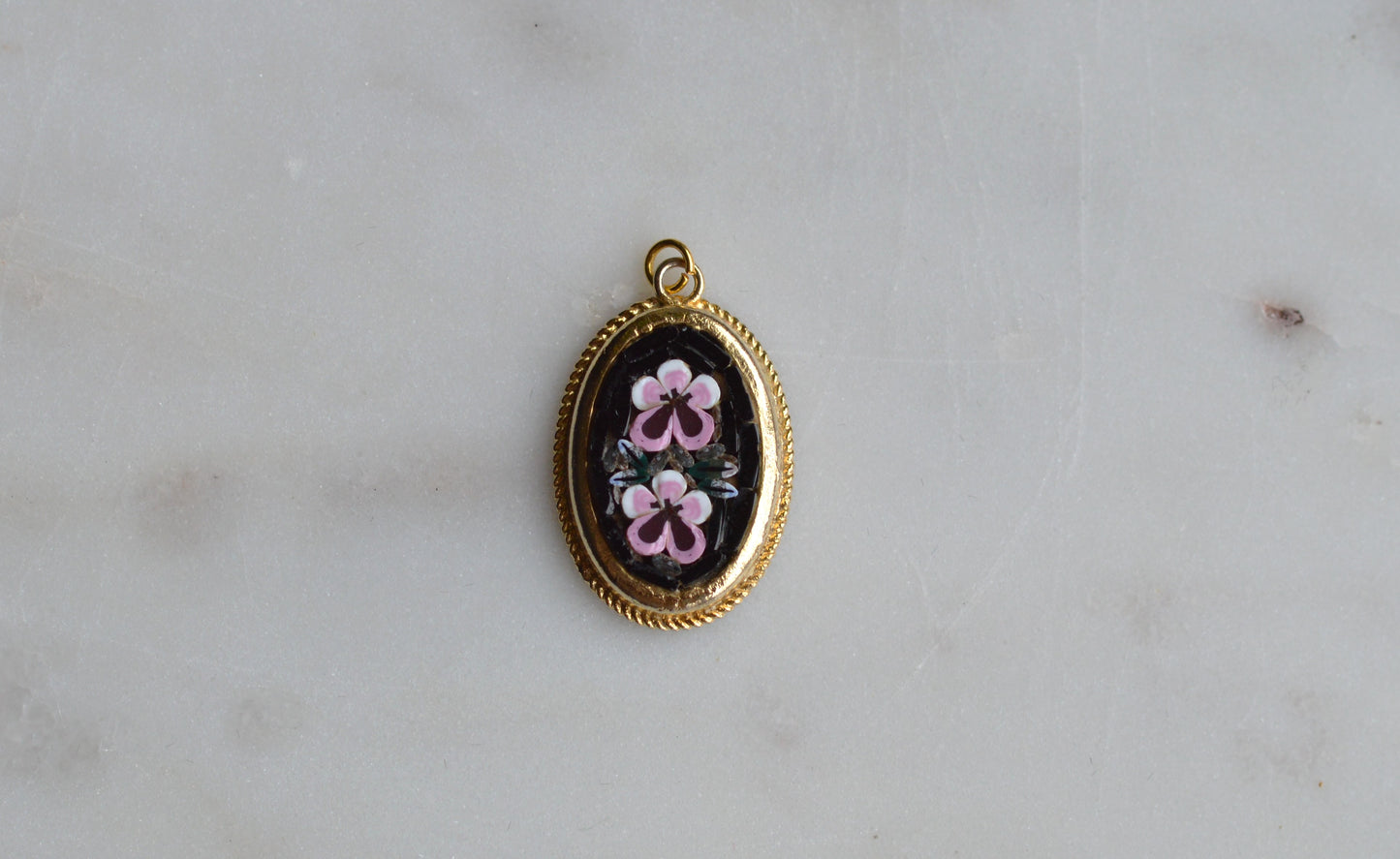 Vintage Italian Micro Mosaic Pendant - Pink Floral Bouquet on Black Glass - Gold Tone Rope Twist Frame - Handcrafted Italy Jewelry - Romantic Gift