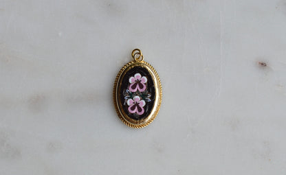 Vintage Italian Micro Mosaic Pendant - Pink Floral Bouquet on Black Glass - Gold Tone Rope Twist Frame - Handcrafted Italy Jewelry - Romantic Gift