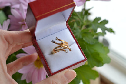Signed AD 925 Sterling Silver Gold Vermeil Bypass Ring, Multi-Stone "Shooting Star" Spray Ring, Aurora Designer Statement Jewelry Size 7.5