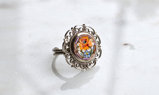 Vintage Italian Micro Mosaic Ring - Floral Filigree Open Band - Handcrafted Glass Tesserae - Mid-Century Romantic Jewelry Size 7