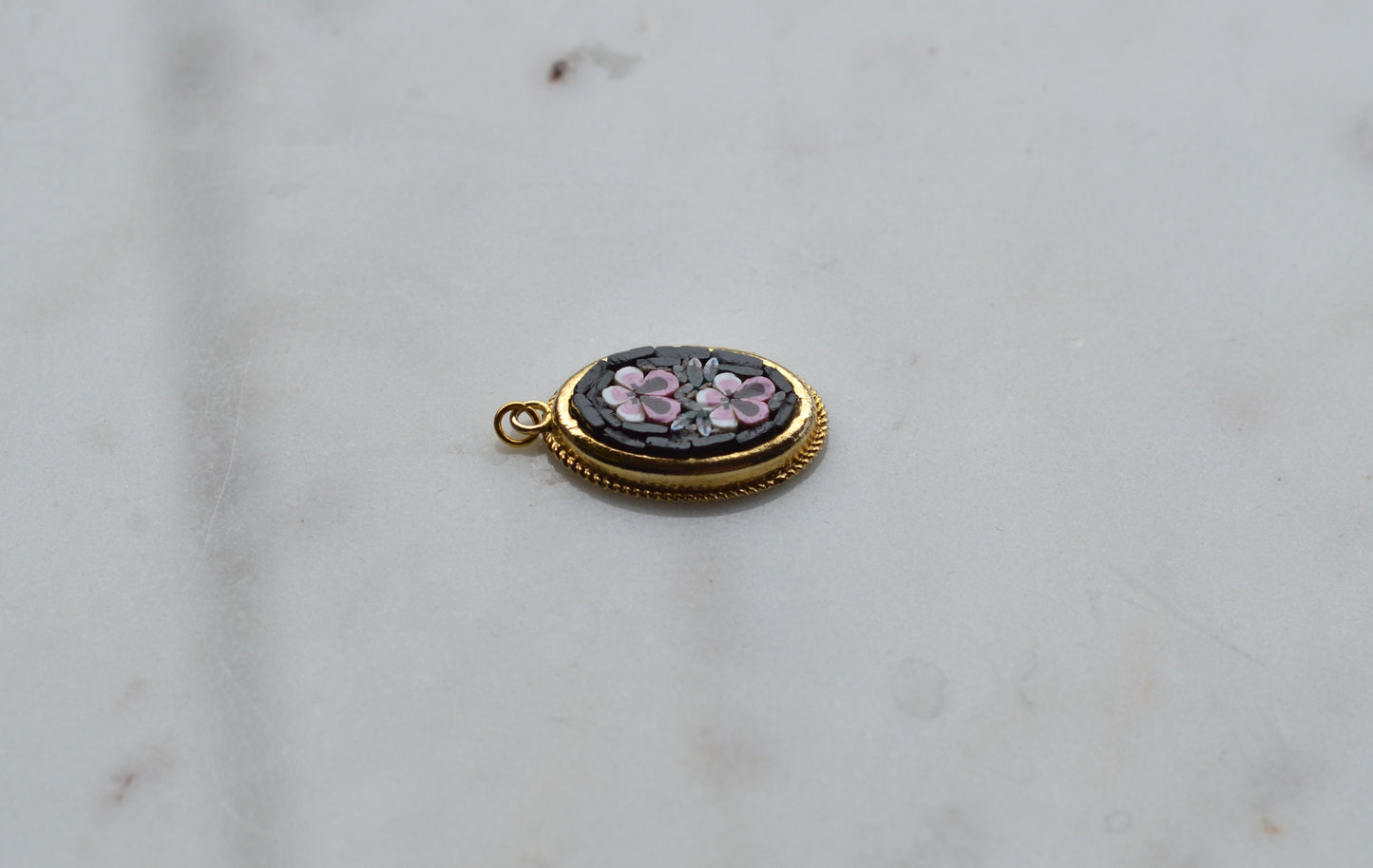 Vintage Italian Micro Mosaic Pendant - Pink Floral Bouquet on Black Glass - Gold Tone Rope Twist Frame - Handcrafted Italy Jewelry - Romantic Gift