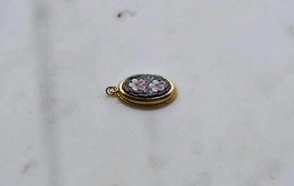 Vintage Italian Micro Mosaic Pendant - Pink Floral Bouquet on Black Glass - Gold Tone Rope Twist Frame - Handcrafted Italy Jewelry - Romantic Gift