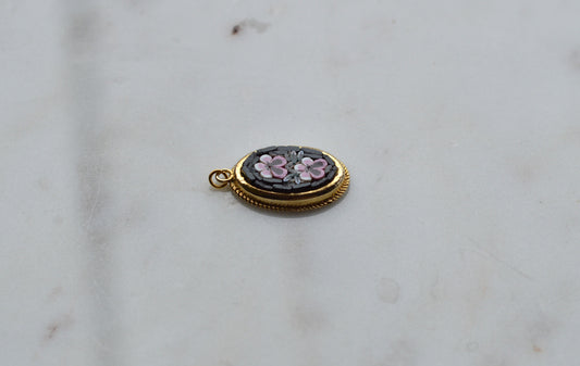 Vintage Italian Micro Mosaic Pendant - Pink Floral Bouquet on Black Glass - Gold Tone Rope Twist Frame - Handcrafted Italy Jewelry - Romantic Gift