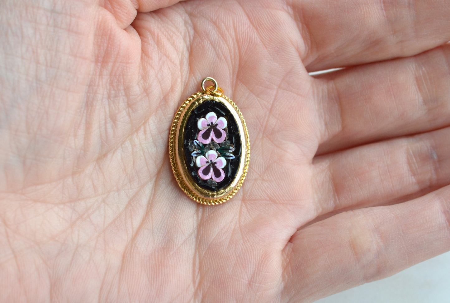 Vintage Italian Micro Mosaic Pendant - Pink Floral Bouquet on Black Glass - Gold Tone Rope Twist Frame - Handcrafted Italy Jewelry - Romantic Gift