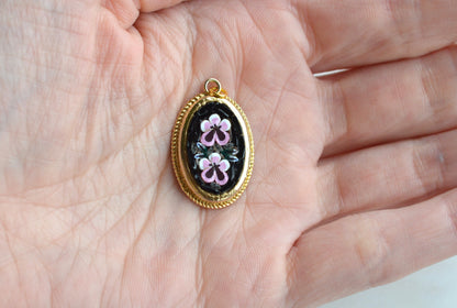 Vintage Italian Micro Mosaic Pendant - Pink Floral Bouquet on Black Glass - Gold Tone Rope Twist Frame - Handcrafted Italy Jewelry - Romantic Gift