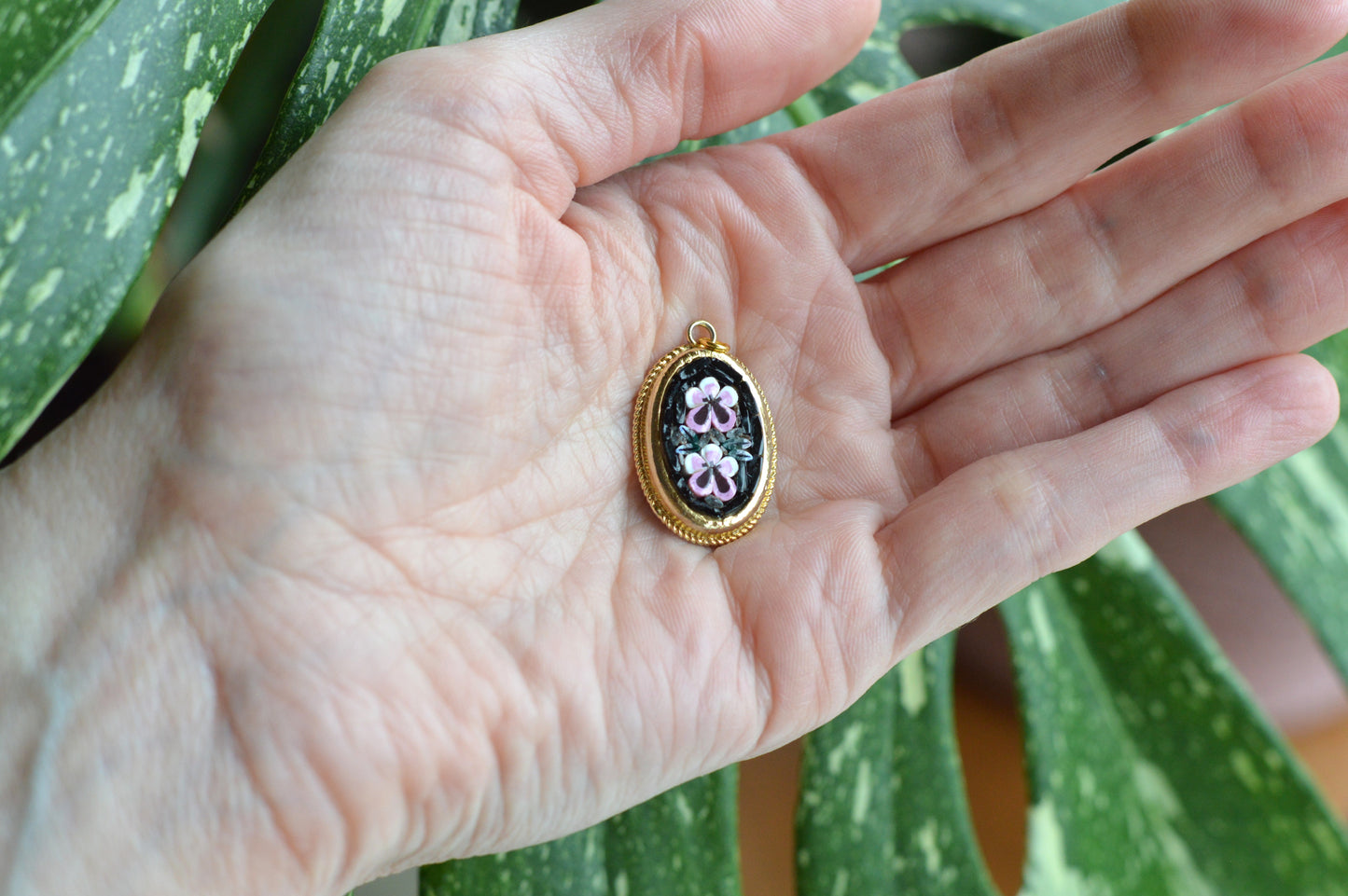 Vintage Italian Micro Mosaic Pendant - Pink Floral Bouquet on Black Glass - Gold Tone Rope Twist Frame - Handcrafted Italy Jewelry - Romantic Gift
