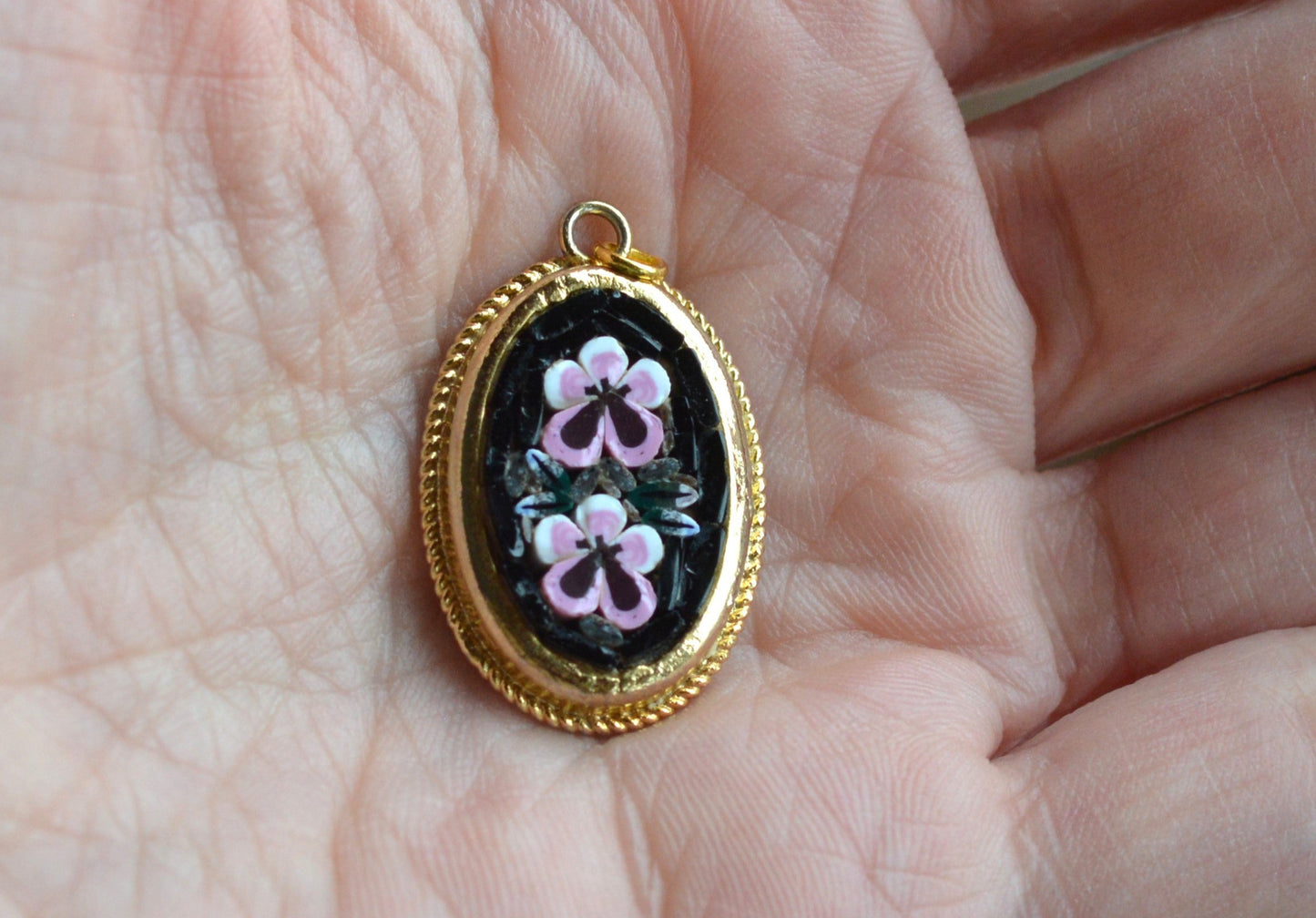 Vintage Italian Micro Mosaic Pendant - Pink Floral Bouquet on Black Glass - Gold Tone Rope Twist Frame - Handcrafted Italy Jewelry - Romantic Gift