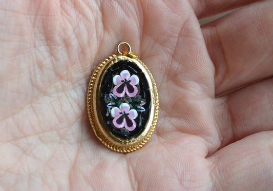 Vintage Italian Micro Mosaic Pendant - Pink Floral Bouquet on Black Glass - Gold Tone Rope Twist Frame - Handcrafted Italy Jewelry - Romantic Gift