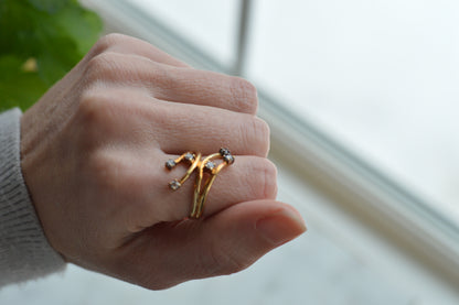 Signed AD 925 Sterling Silver Gold Vermeil Bypass Ring, Multi-Stone "Shooting Star" Spray Ring, Aurora Designer Statement Jewelry Size 7.5