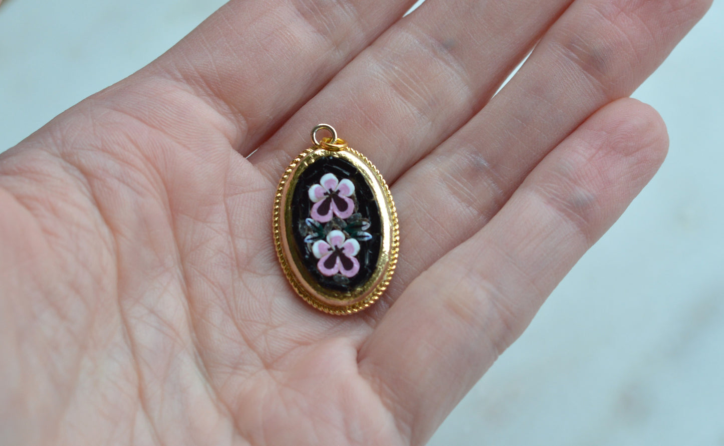 Vintage Italian Micro Mosaic Pendant - Pink Floral Bouquet on Black Glass - Gold Tone Rope Twist Frame - Handcrafted Italy Jewelry - Romantic Gift