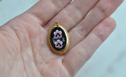Vintage Italian Micro Mosaic Pendant - Pink Floral Bouquet on Black Glass - Gold Tone Rope Twist Frame - Handcrafted Italy Jewelry - Romantic Gift