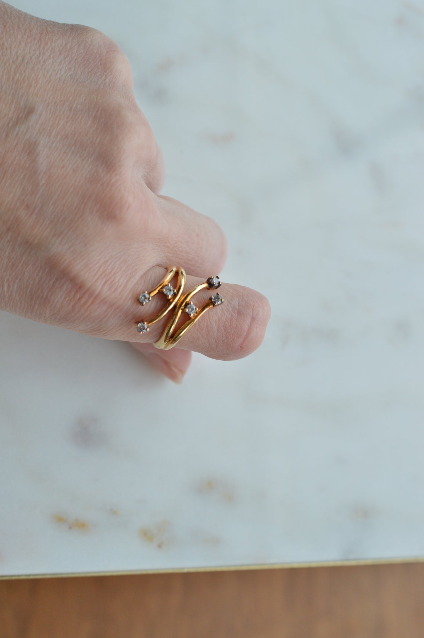 Signed AD 925 Sterling Silver Gold Vermeil Bypass Ring, Multi-Stone "Shooting Star" Spray Ring, Aurora Designer Statement Jewelry Size 7.5