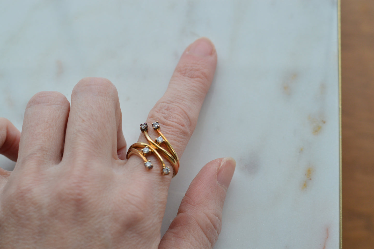 Signed AD 925 Sterling Silver Gold Vermeil Bypass Ring, Multi-Stone "Shooting Star" Spray Ring, Aurora Designer Statement Jewelry Size 7.5
