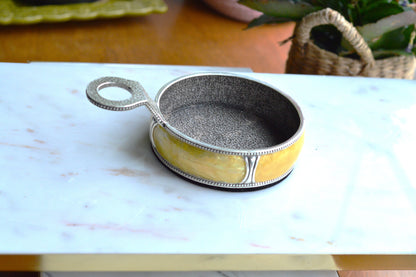 Vintage Mid-Century Lunt Yellow Marbleized Resin Heavy Coin Tray with Silver Handle, Retro Beaded Rim Trinket Dish, 1970s Entryway Catchall