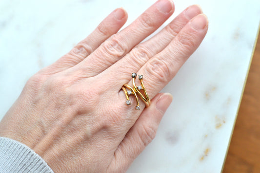 Signed AD 925 Sterling Silver Gold Vermeil Bypass Ring, Multi-Stone "Shooting Star" Spray Ring, Aurora Designer Statement Jewelry Size 7.5