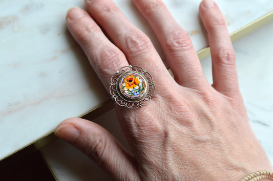 Vintage Italian Micro Mosaic Ring - Floral Filigree Open Band - Handcrafted Glass Tesserae - Mid-Century Romantic Jewelry Size 7