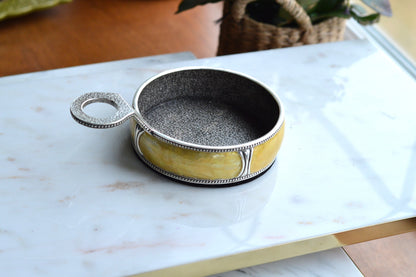 Vintage Mid-Century Lunt Yellow Marbleized Resin Heavy Coin Tray with Silver Handle, Retro Beaded Rim Trinket Dish, 1970s Entryway Catchall