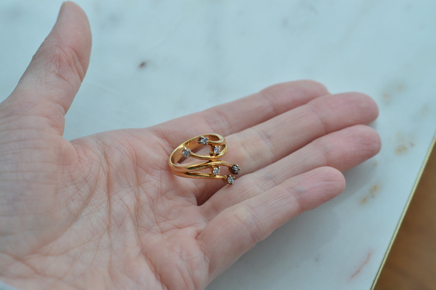 Signed AD 925 Sterling Silver Gold Vermeil Bypass Ring, Multi-Stone "Shooting Star" Spray Ring, Aurora Designer Statement Jewelry Size 7.5