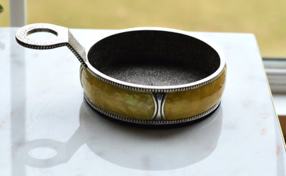 Vintage Mid-Century Lunt Yellow Marbleized Resin Heavy Coin Tray with Silver Handle, Retro Beaded Rim Trinket Dish, 1970s Entryway Catchall