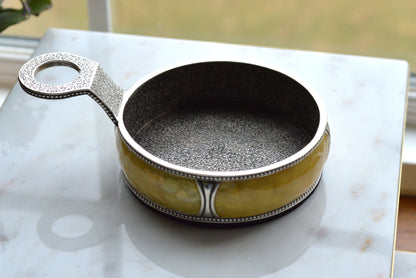 Vintage Mid-Century Lunt Yellow Marbleized Resin Heavy Coin Tray with Silver Handle, Retro Beaded Rim Trinket Dish, 1970s Entryway Catchall