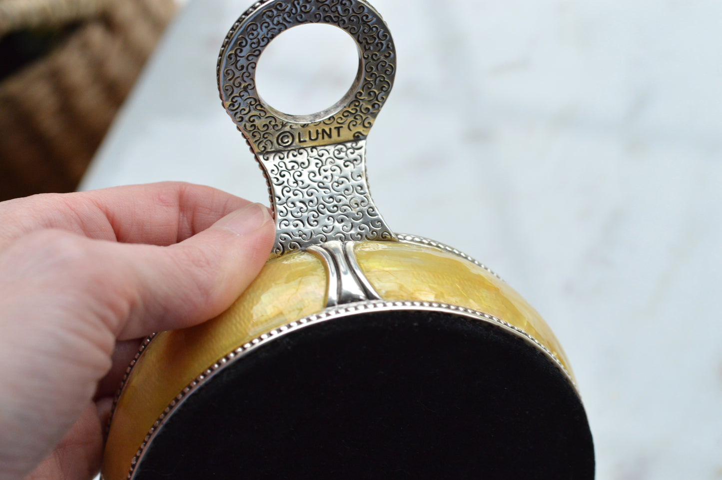 Vintage Mid-Century Lunt Yellow Marbleized Resin Heavy Coin Tray with Silver Handle, Retro Beaded Rim Trinket Dish, 1970s Entryway Catchall