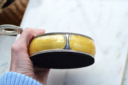 Vintage Mid-Century Lunt Yellow Marbleized Resin Heavy Coin Tray with Silver Handle, Retro Beaded Rim Trinket Dish, 1970s Entryway Catchall