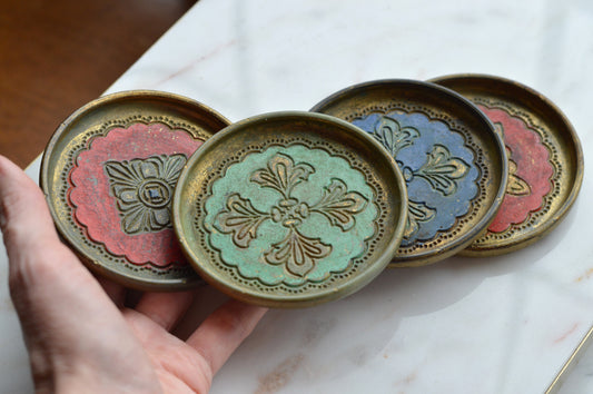 Vintage Italian Embossed Wood Coaster Set – Made in Italy – Colorful Ornate Floral Coasters – Boho Mid‑Century Decor – Set of 4