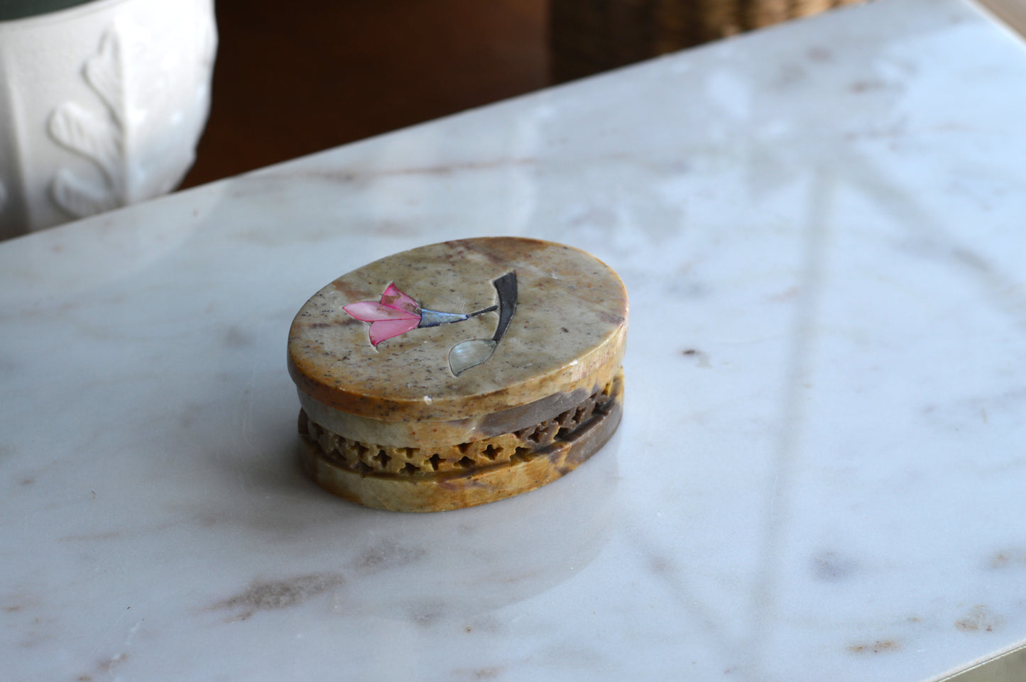 Vintage Hand-Carved Indian Soapstone Trinket Box, Mother of Pearl Floral Inlay, Reticulated Openwork Stone Jewelry Case, Marbled Boho Ring Dish