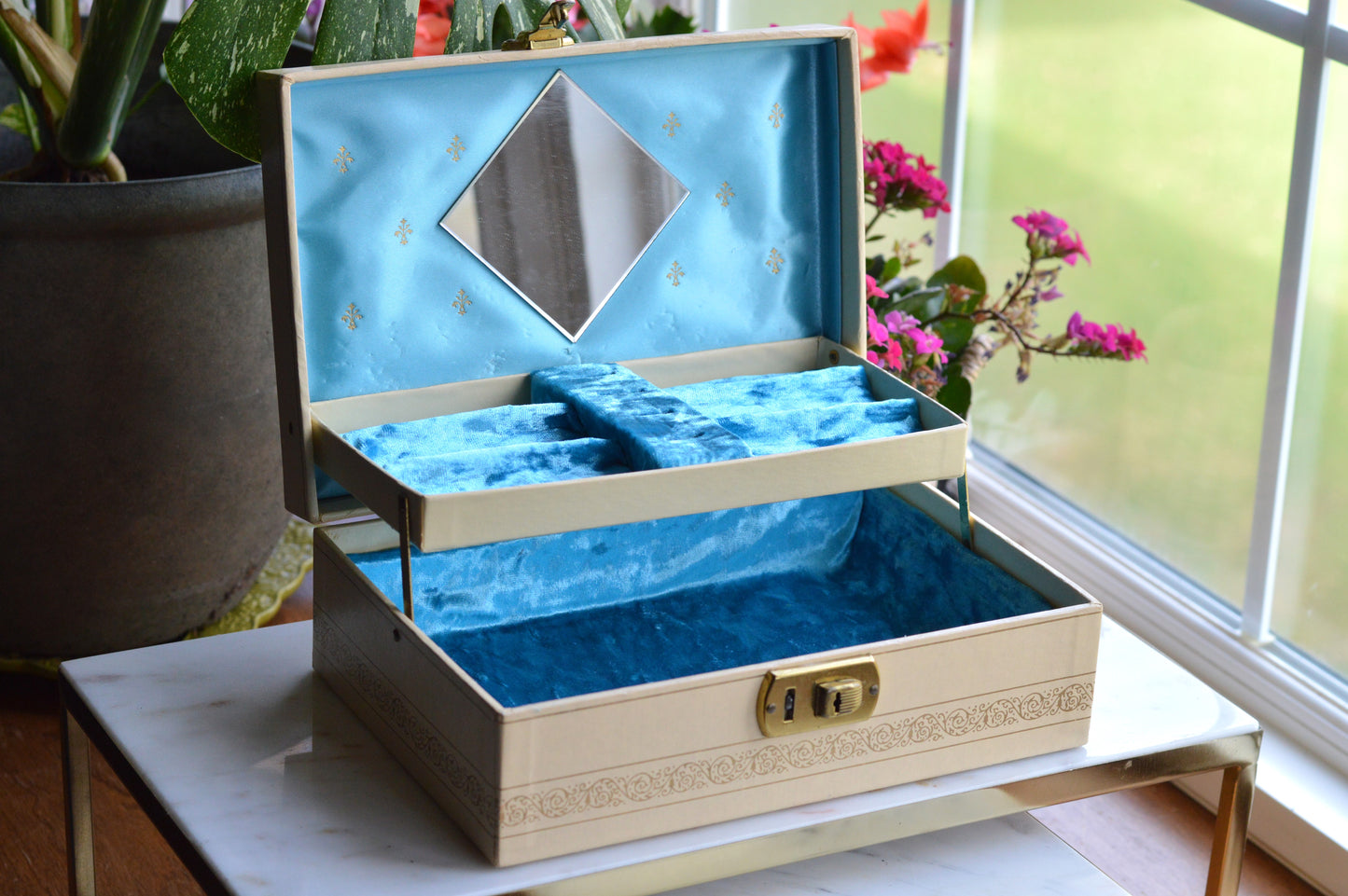 Vintage Jewelry Box with Mirror, Relined in New Crushed Velvet, Swing-Arm Tray with Ring Slots, Cream & Gold Scroll Design