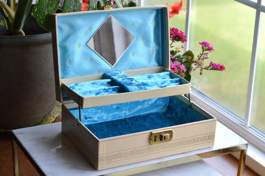 Vintage Jewelry Box with Mirror, Relined in New Crushed Velvet, Swing-Arm Tray with Ring Slots, Cream & Gold Scroll Design