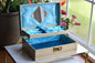 Vintage Jewelry Box with Mirror, Relined in New Crushed Velvet, Swing-Arm Tray with Ring Slots, Cream & Gold Scroll Design