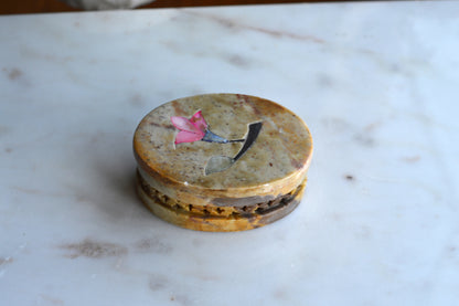 Vintage Hand-Carved Indian Soapstone Trinket Box, Mother of Pearl Floral Inlay, Reticulated Openwork Stone Jewelry Case, Marbled Boho Ring Dish