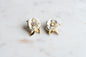 Vintage 1960s White Enamel Flower Clip On Earrings, Mid-Century Iridescent Floral Studs, Gold Tone Leaf Retro Daisy Earrings, Boho Bridal