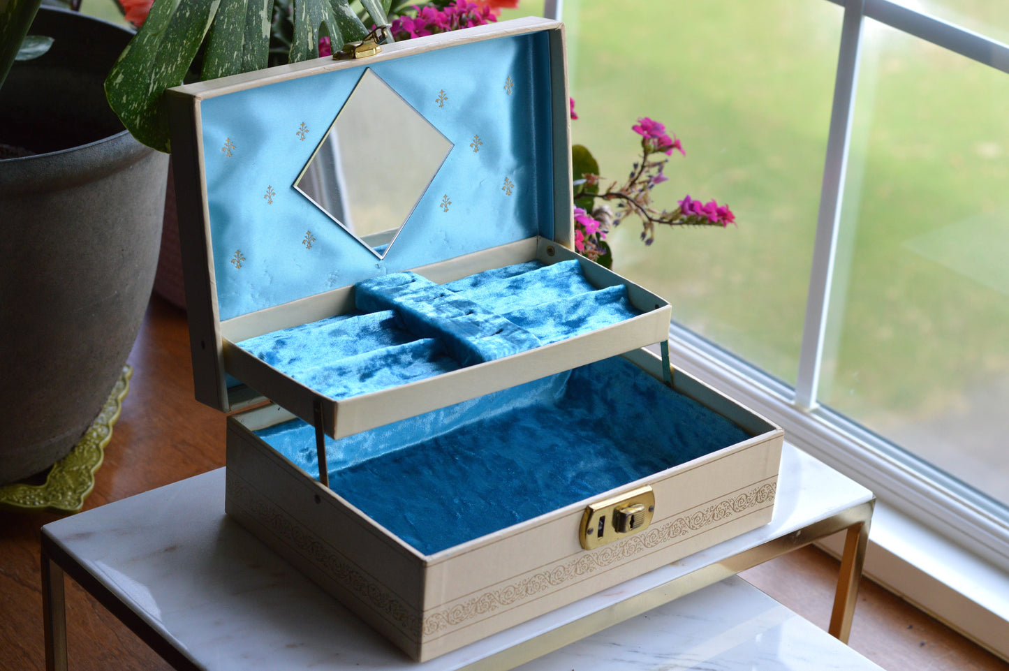 Vintage Jewelry Box with Mirror, Relined in New Crushed Velvet, Swing-Arm Tray with Ring Slots, Cream & Gold Scroll Design