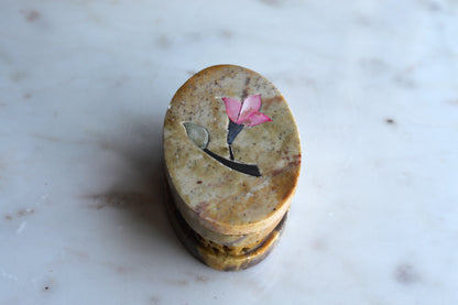 Vintage Hand-Carved Indian Soapstone Trinket Box, Mother of Pearl Floral Inlay, Reticulated Openwork Stone Jewelry Case, Marbled Boho Ring Dish