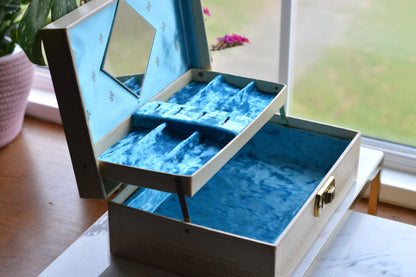 Vintage Jewelry Box with Mirror, Relined in New Crushed Velvet, Swing-Arm Tray with Ring Slots, Cream & Gold Scroll Design