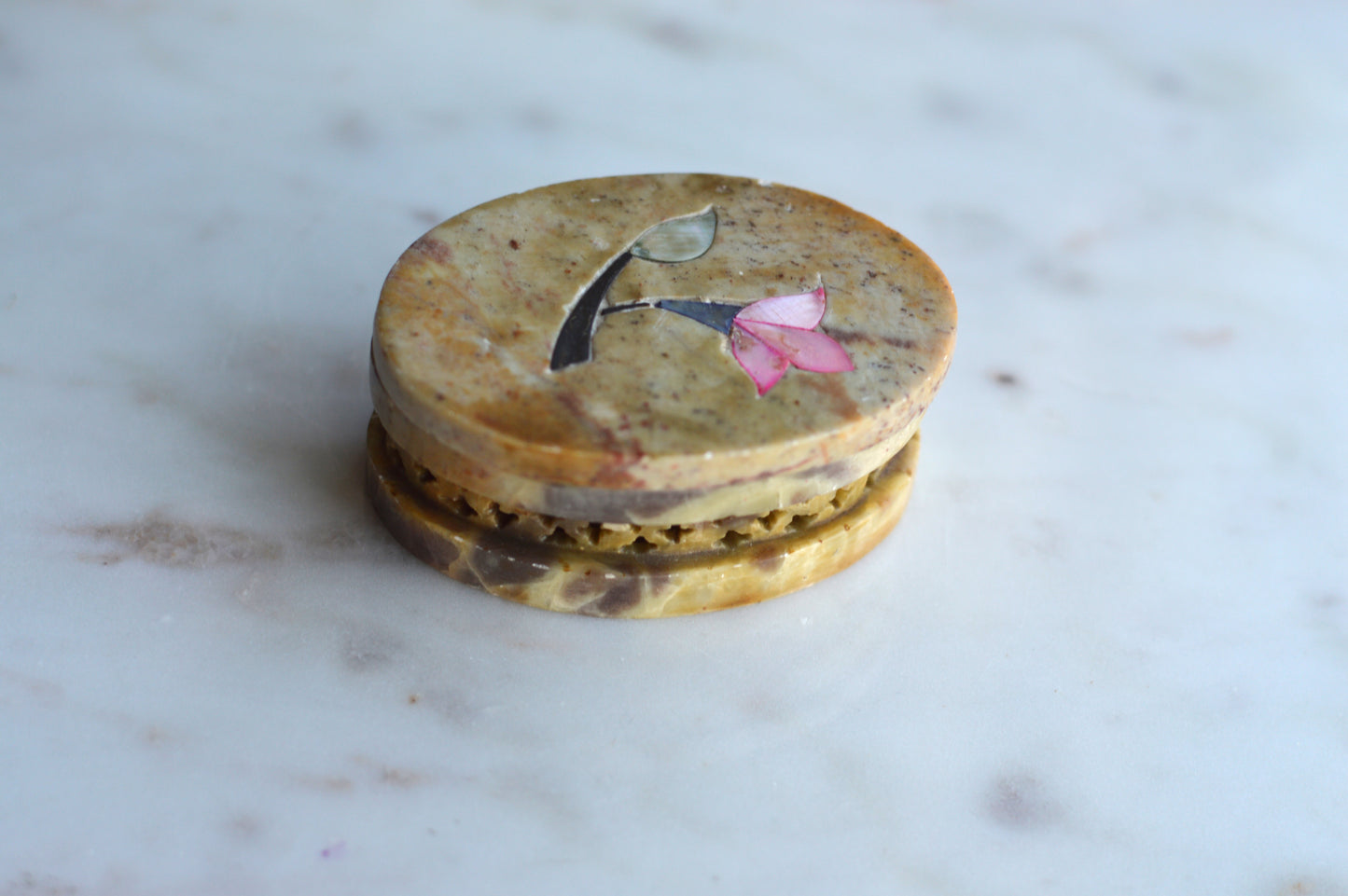 Vintage Hand-Carved Indian Soapstone Trinket Box, Mother of Pearl Floral Inlay, Reticulated Openwork Stone Jewelry Case, Marbled Boho Ring Dish