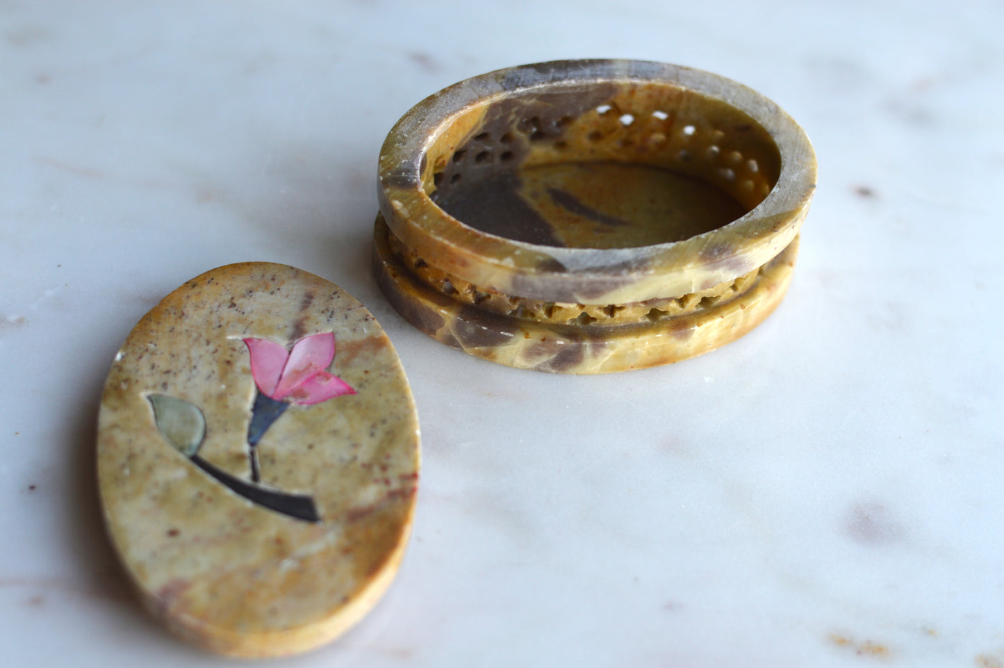 Vintage Hand-Carved Indian Soapstone Trinket Box, Mother of Pearl Floral Inlay, Reticulated Openwork Stone Jewelry Case, Marbled Boho Ring Dish