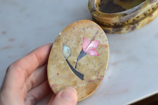 Vintage Hand-Carved Indian Soapstone Trinket Box, Mother of Pearl Floral Inlay, Reticulated Openwork Stone Jewelry Case, Marbled Boho Ring Dish