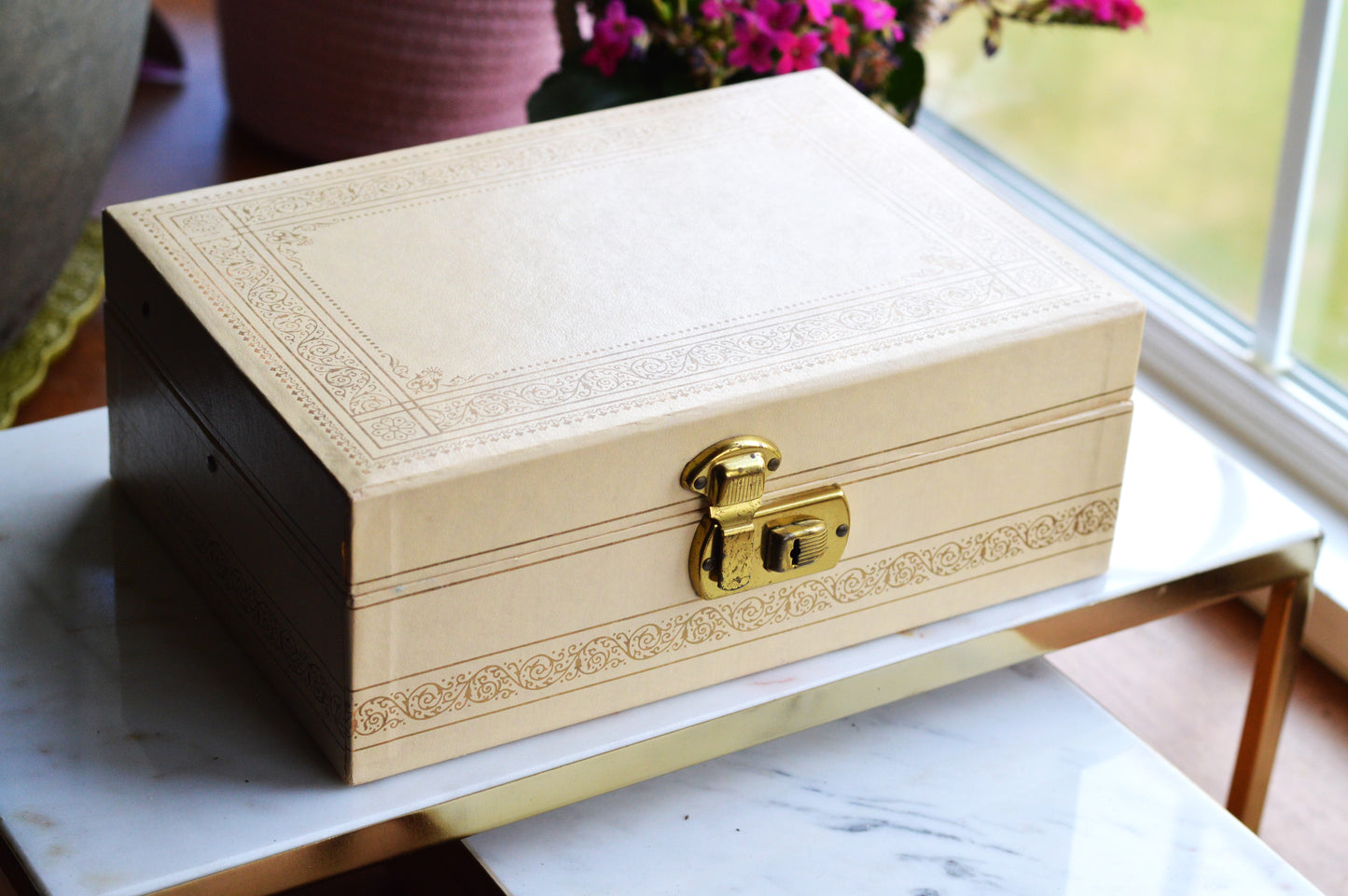 Vintage Jewelry Box with Mirror, Relined in New Crushed Velvet, Swing-Arm Tray with Ring Slots, Cream & Gold Scroll Design