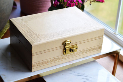 Vintage Jewelry Box with Mirror, Relined in New Crushed Velvet, Swing-Arm Tray with Ring Slots, Cream & Gold Scroll Design