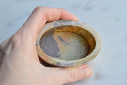 Vintage Hand-Carved Indian Soapstone Trinket Box, Mother of Pearl Floral Inlay, Reticulated Openwork Stone Jewelry Case, Marbled Boho Ring Dish