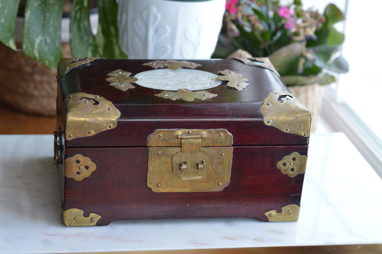 Vintage Chinese Rosewood Jewelry Box, Carved Jade Medallion & Etched Brass Fittings, Mid-Century Shanghai Artisan Chest